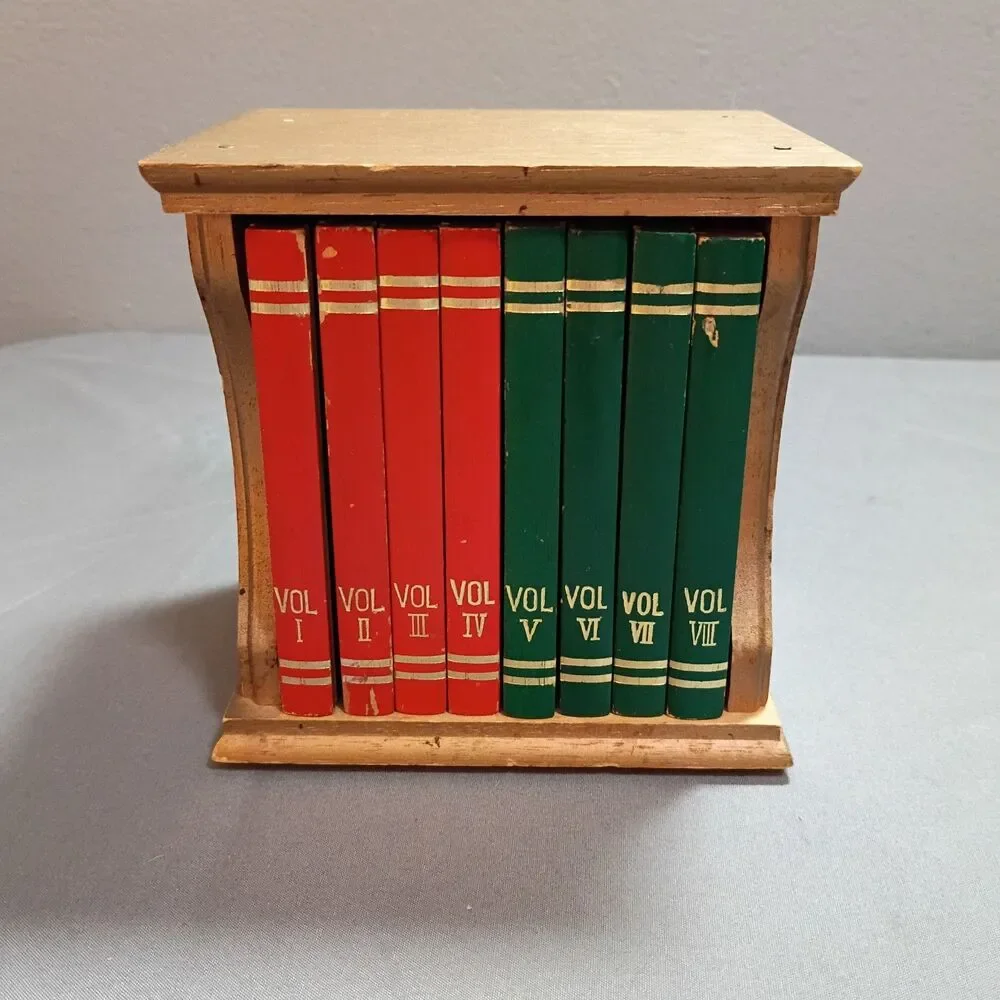 Vintage Faux Books Wood Decor Encyclopedia Barware Cork Coasters Set Cased 8
